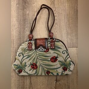 Marc Chantal Ladybug Tapestry Braided Faux Leather Strap Purse